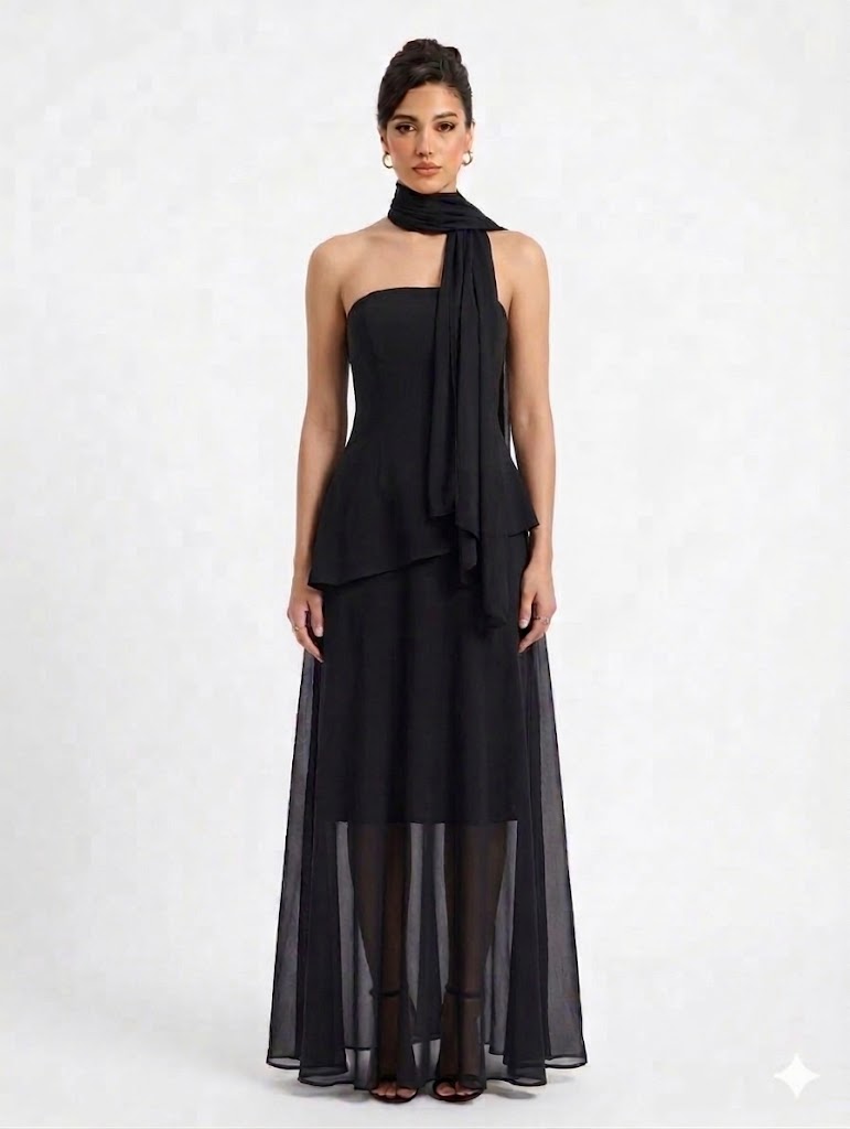 Elegant Black Draped Scarf Dress