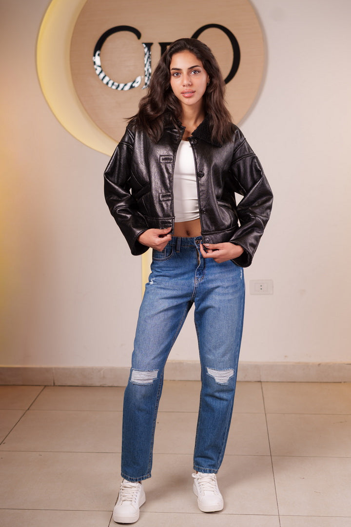 Cropped Faux Leather  Jacket